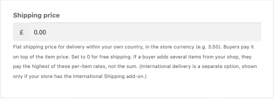 A vendor’s product editor showing a single flat shipping price field
