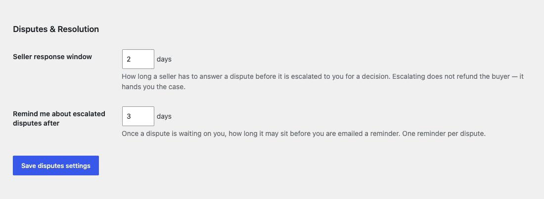 The Disputes and Resolution section of the BazaarKit settings screen in WordPress admin, showing the seller response window and the reminder window, each in days