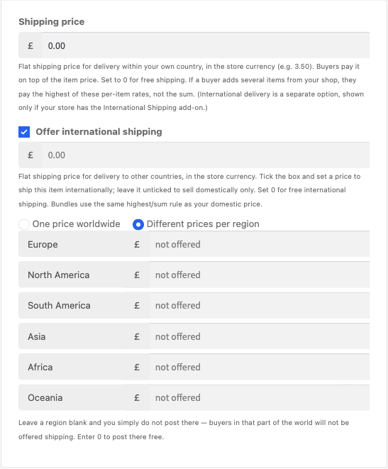 A Dokan vendor's product editor showing the flat Shipping price box, a ticked Offer international shipping checkbox, radio buttons for One price worldwide or Different prices per region, and six continent rows for Europe, North America, South America, Asia, Africa and Oceania each showing a not offered placeholder